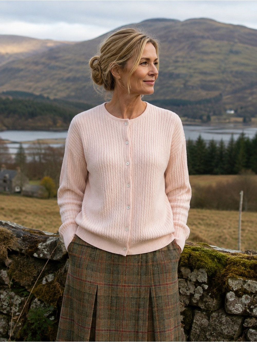 VTG Pringle Scotland Pink Pure New Wool Cable Knit Cardigan Large